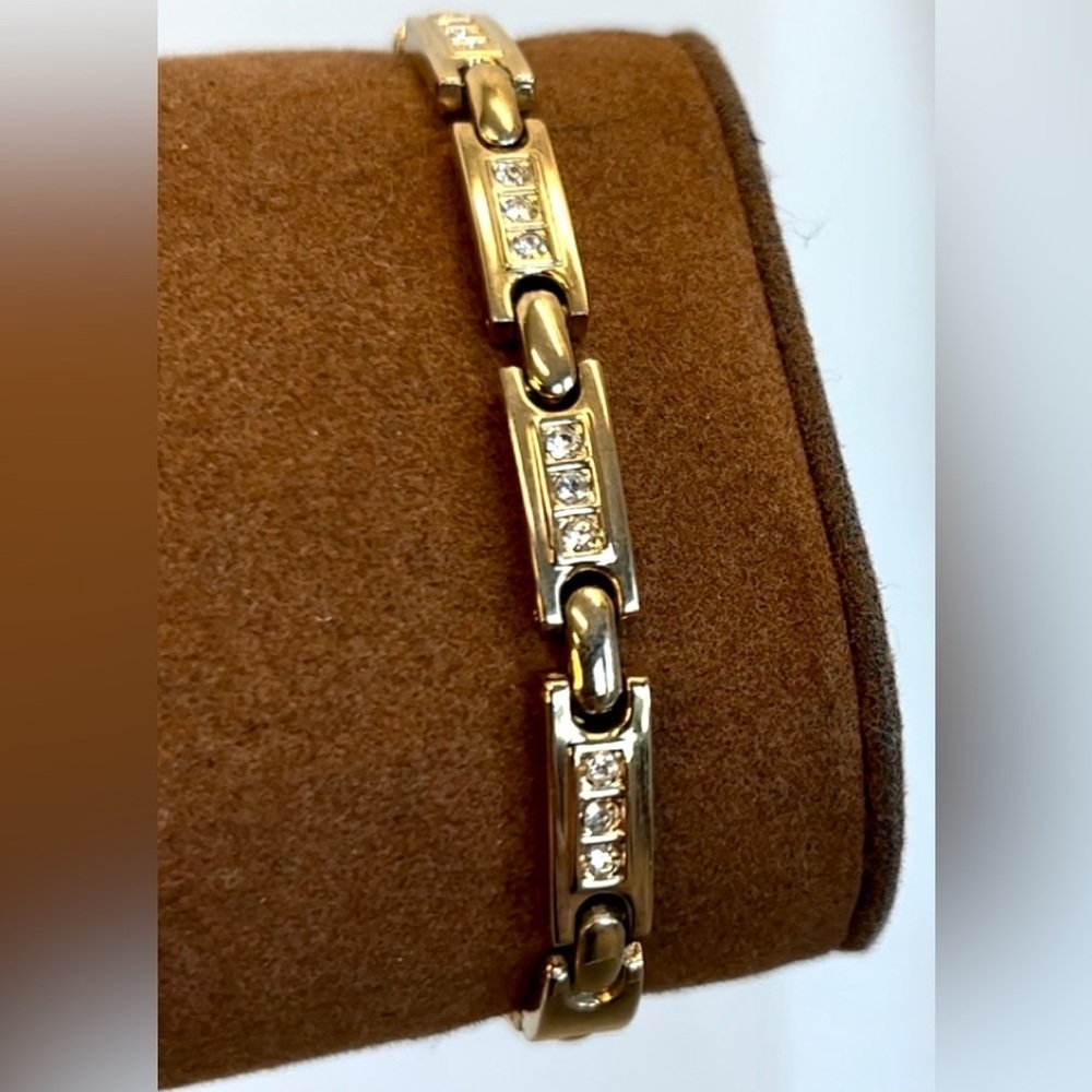 GOLD tone rectangular crystal rhinestone cubic zirconia link bracelet adjustable